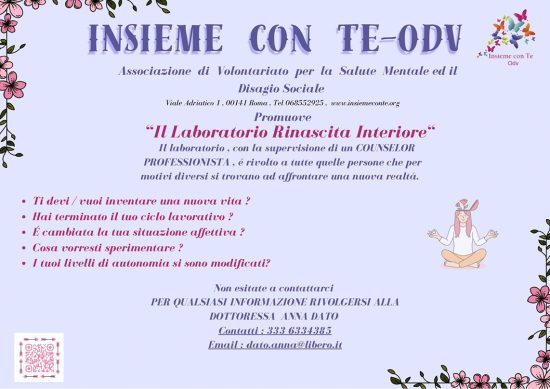 Lavoratorio di rinascita interiore, con la supervisione di un Counselor Professionista, è rivolto a tutte quelle persone che per motivi diversi si trovano ad affrontare una nuova realtà