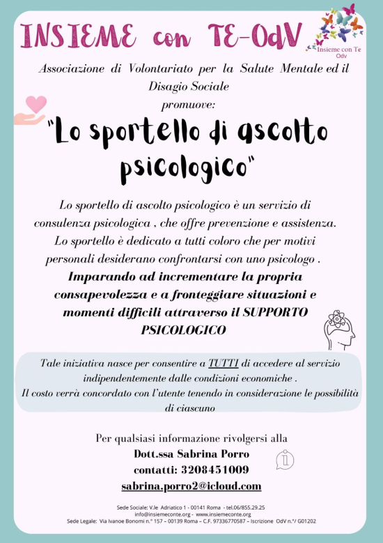 Lo sportello di ascolto psicologico è un servizio di consulenza psicologica che offre prevenzione e assistenza ed è dedicato a tutti coloro che desiderano confrontarsi con uno psicologo.